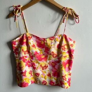 Linen blend spaghetti strap cami bustier top pink & yellow floral women’s small